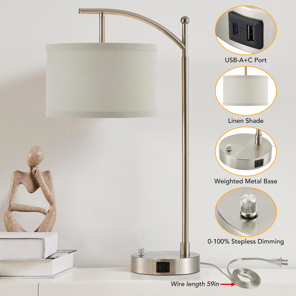 Table Lamp Set of 2, 23.5" Bedside Lamps with USB C+A Ports, Silver