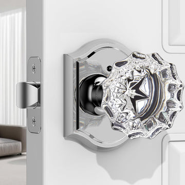 1 Pack Glass Door Knob, Rosette Shaped Crystal Door Knobs with Lock, Polished Chrome Door Knobs Interior Glass