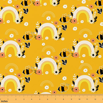 Rainbow Fabric by The Yard, Embrace Shine Rainbow Decorative, White Flower & Yellow Bee Upholstery, Garden Pastoral