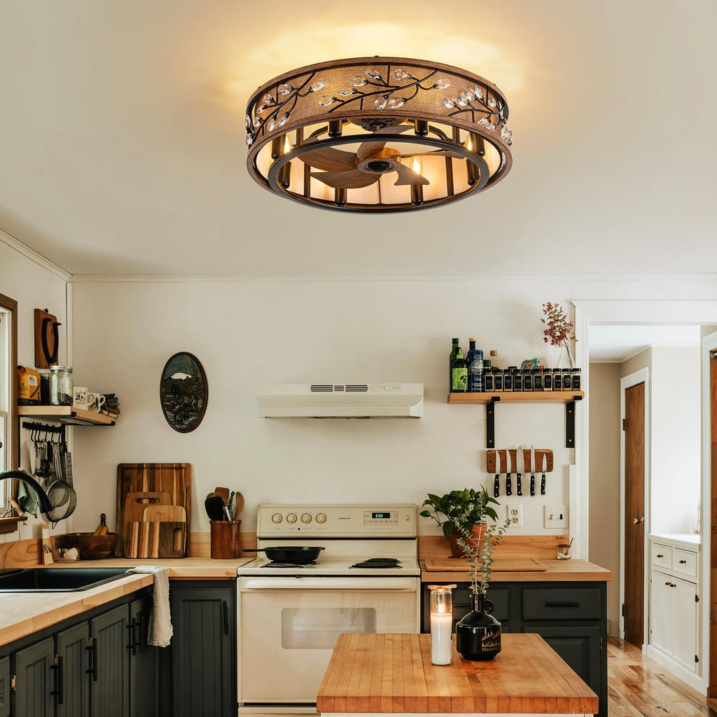 Low Profile Farmhouse Ceiling Fan with Light, 24" Rustic Flush Mount Ceiling Fans with Remote, Modern Caged Crystal