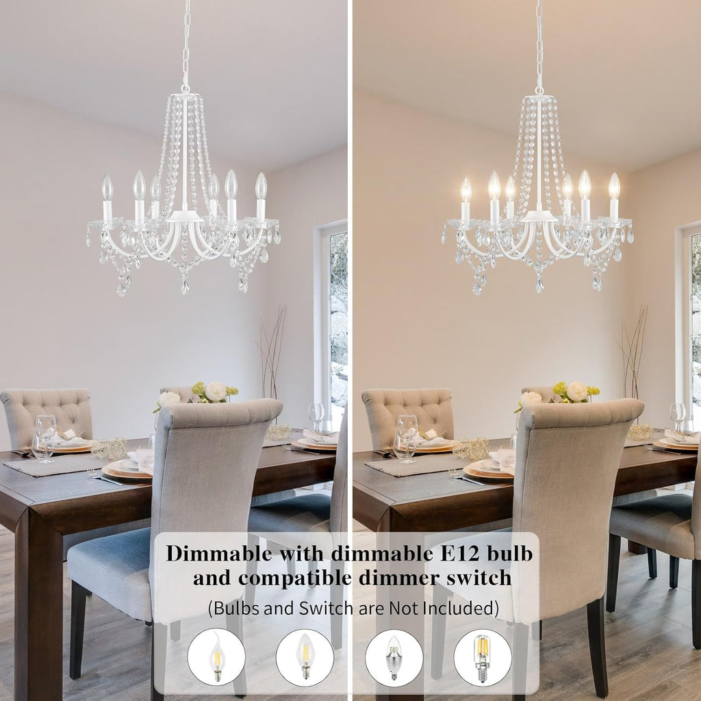 White Crystal Chandelier Plug-in Hanging Light, 6-Light with 15 ft Clear Cord