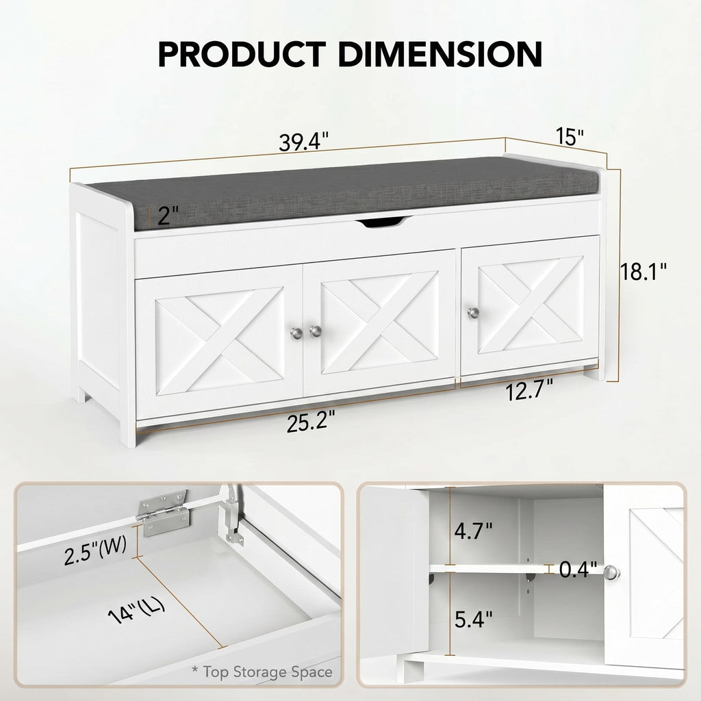 Shoe Storage Bench with Seating, Farmhouse Entryway Bench, White