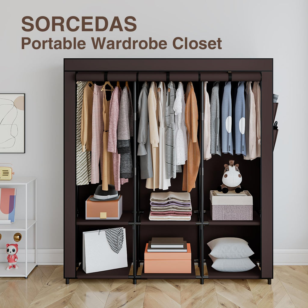 Portable Closet Wardrobe with Hanging Rods Shelves Clothes Storage