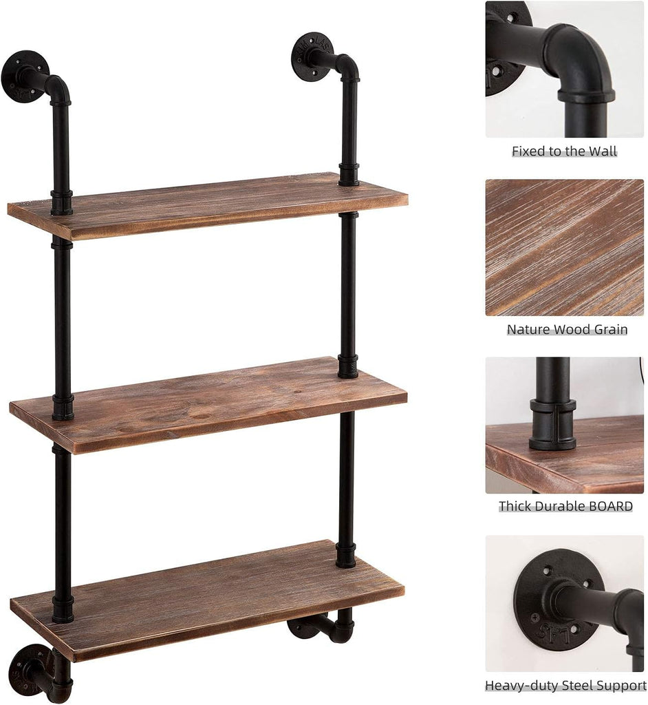 3-Tier Real Pine Wood Floating Shelf, 20x7.87x41.3in, Industrial Retro Style, Bathroom Wall Shelves, Kitchen Shelves