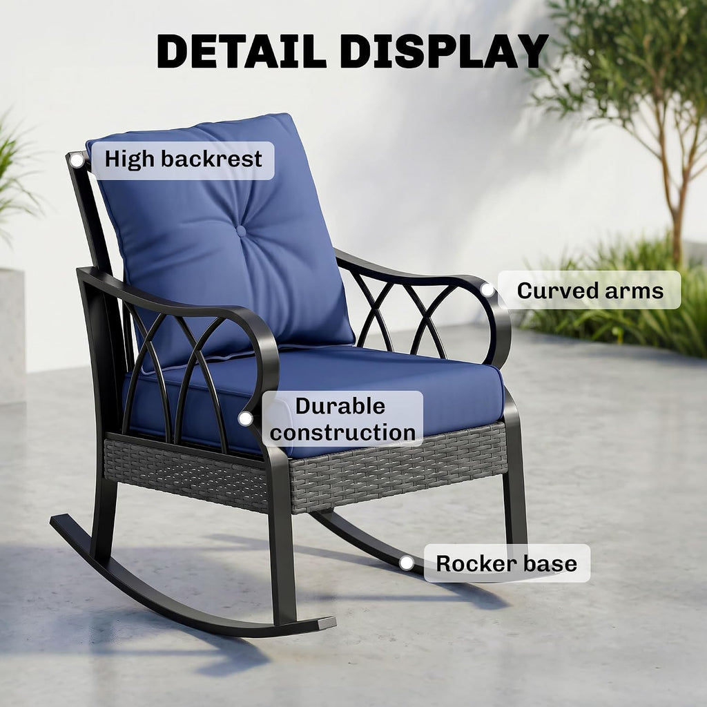 Outdoor Wicker Rocking Chair Padded Cushions Aluminum Navy Blue | Furniture Rattan Porch Rocker Chair, Armrest