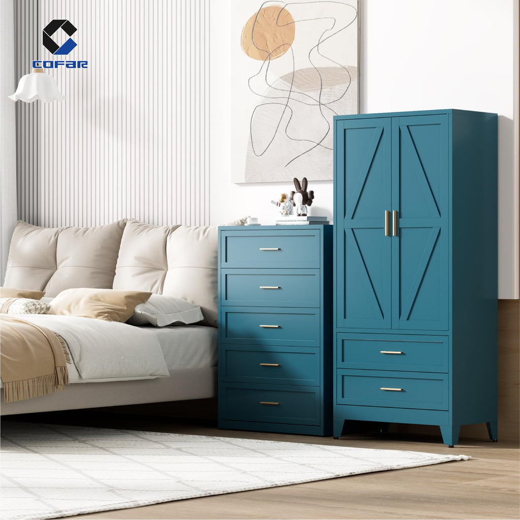 Metal Armoire Wardrobe Closet with Drawers, 71'' Tall Farmhouse Bedroom Armoires with Doors, Freestanding Steel