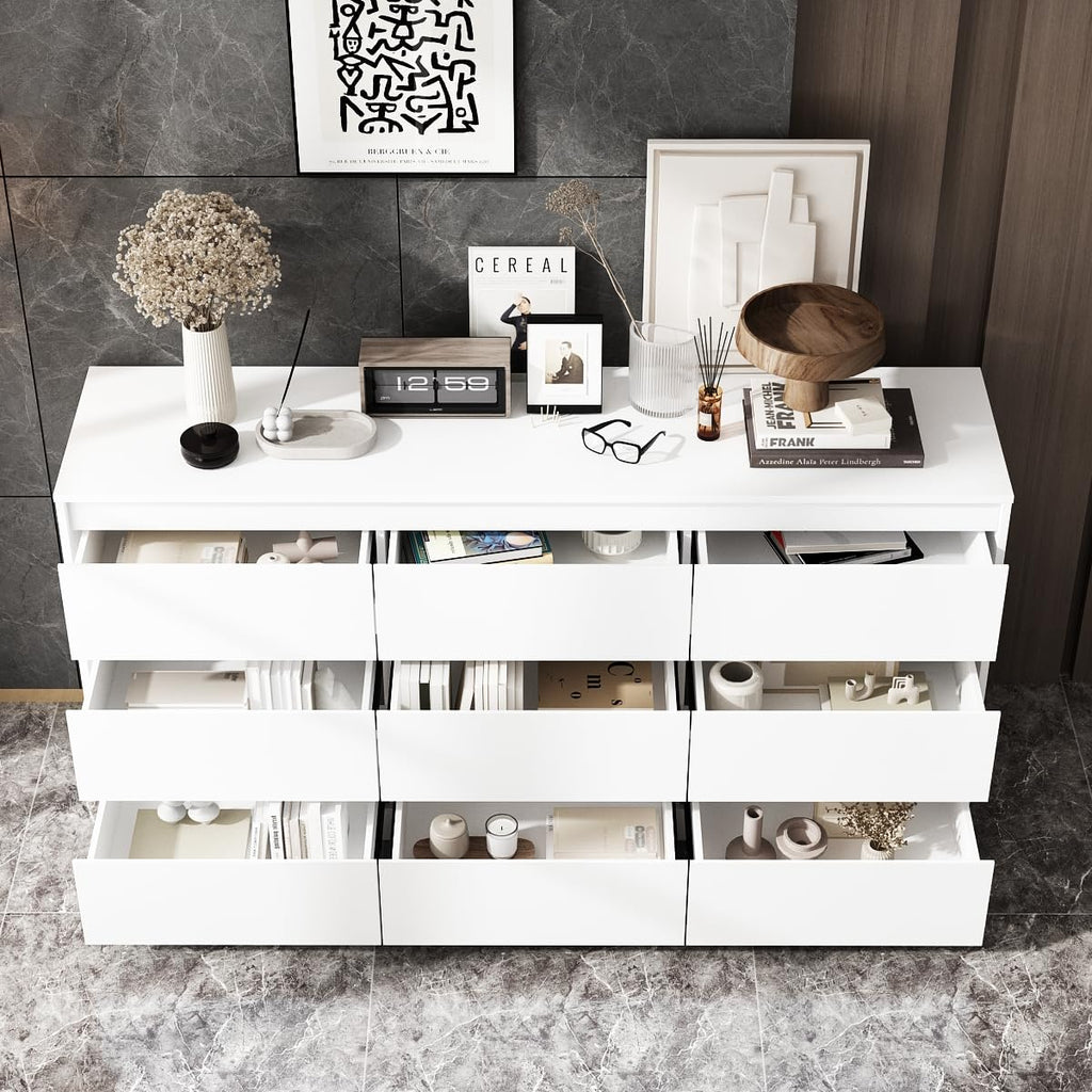 9 Drawer with Deep Drawers, Large Floor Wood Dressers & Chest of Drawers Handle Free, Modern White Long Dressers for