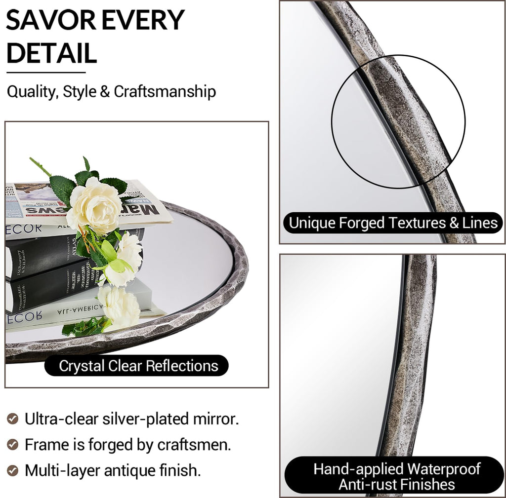 30 Inch Bathroom Hammered Round Mirrors, Silver Hand-Forged Circle Wall Mirrors with Metal Frame, Antique Round