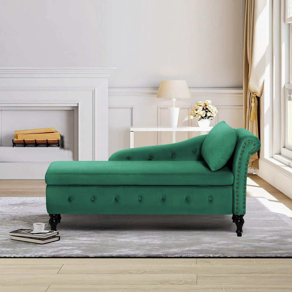 Velvet Chaise Lounge w/Right Armrest & Storage Space, Green