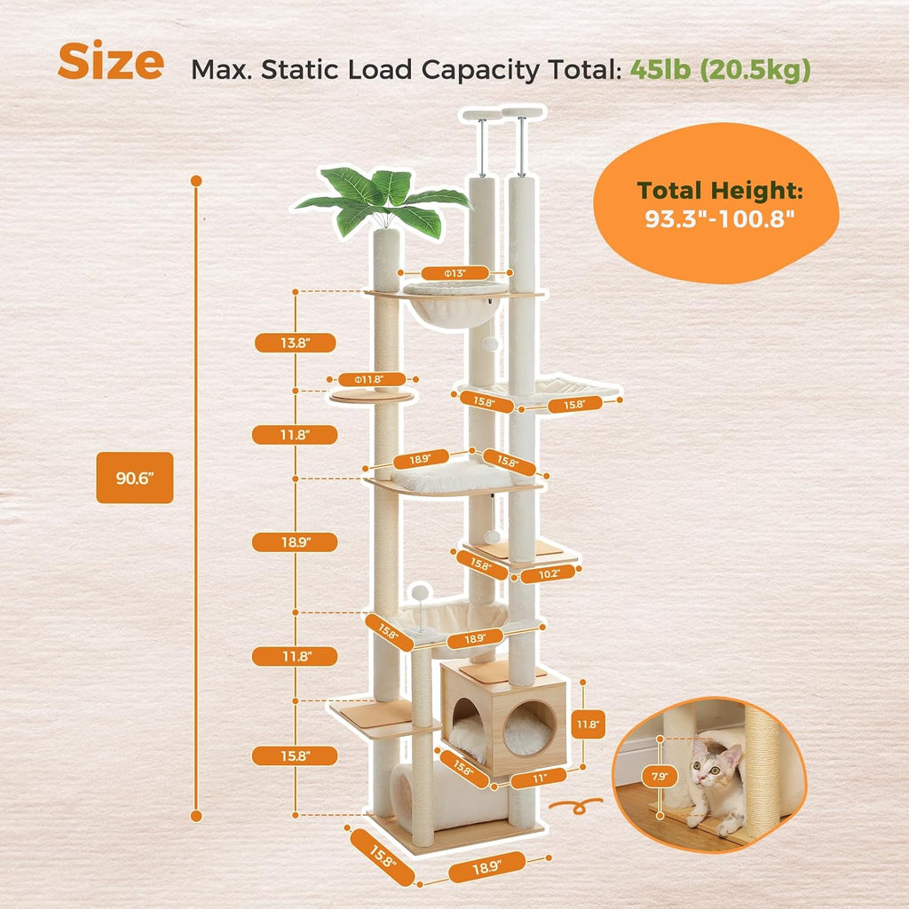 Floor to Ceiling Cat Tree, 93-101'' Adjustable Wooden Tower, Beige