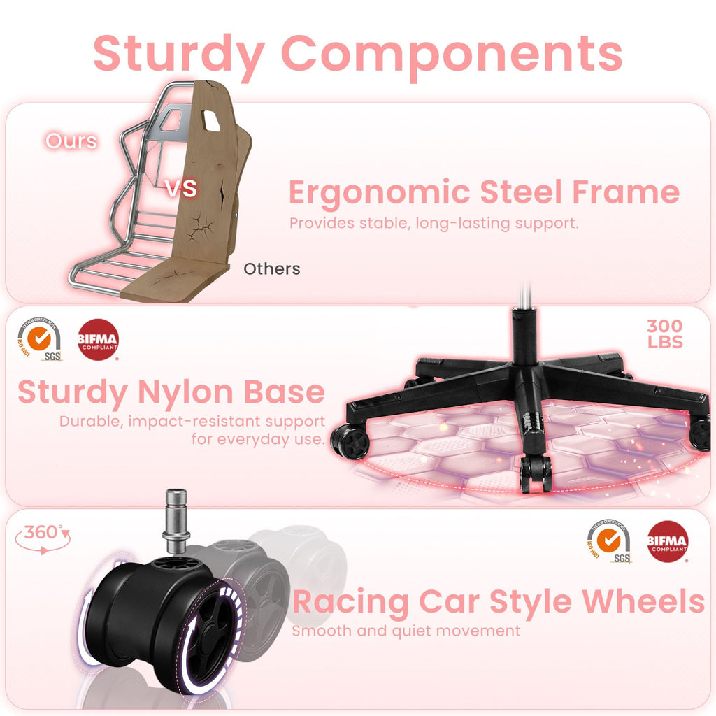 Gaming Chair, Lumbar Support with Breathable Fabric, Pink