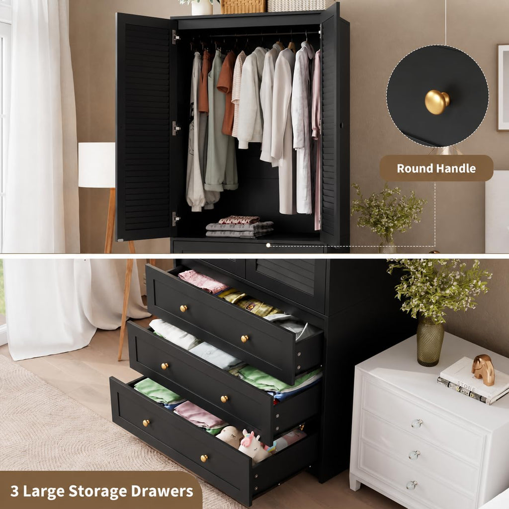70" Wardrobe Armoire Wooden Closet with 2 Doors and 3 Drawers, Black
