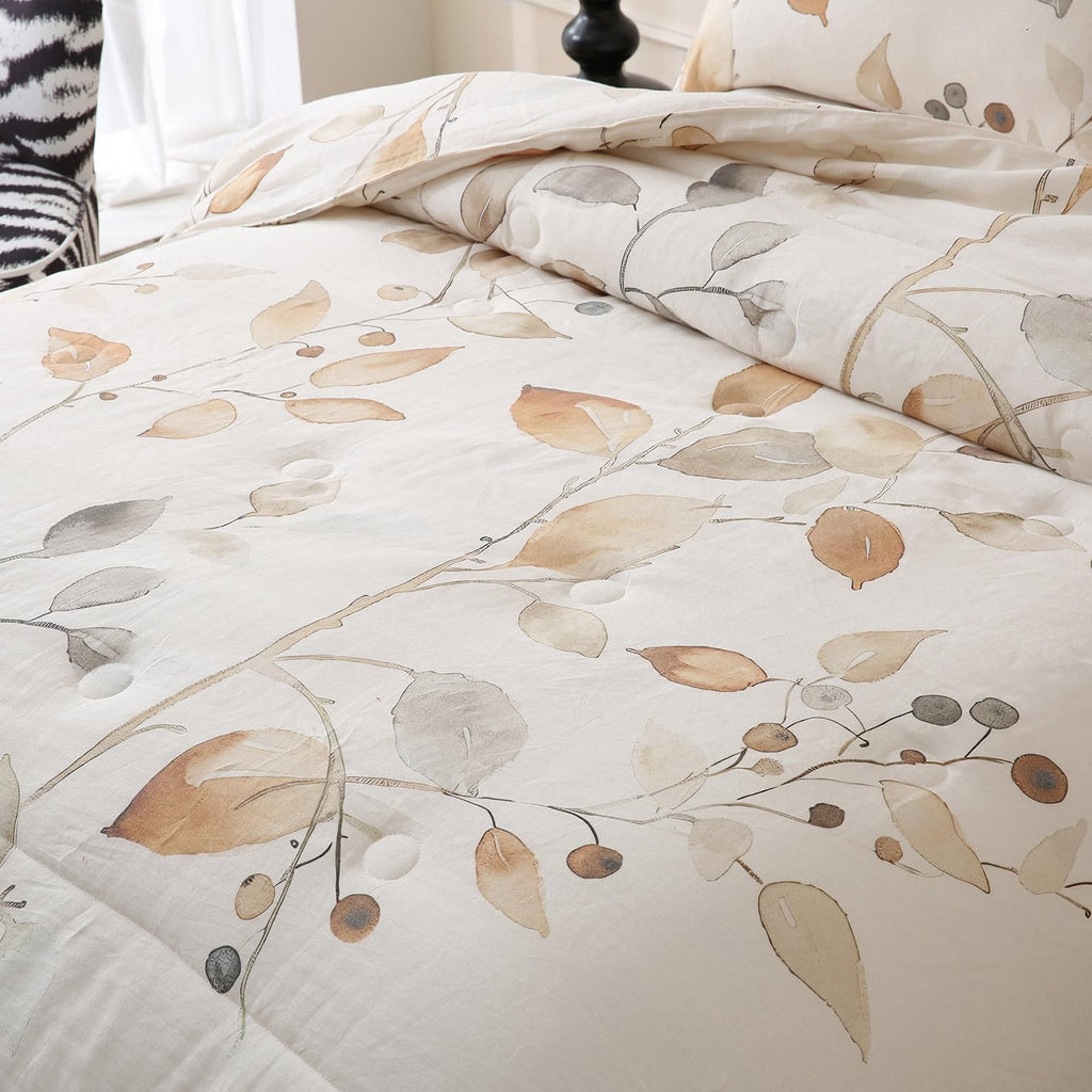 Linen Leaves Comforter Set Queen Size 3 Pieces Natural French Flax Linen Bedding Soft Breathable Moisture Wicking