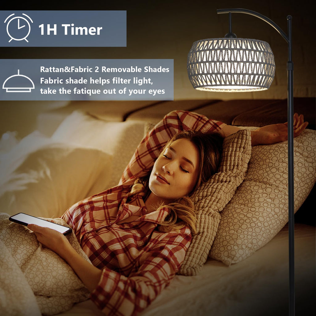 Arc Floor Lamp, Boho Standing Lamp with Remote & LED Smart Bulb, Rattan Floor Lamps with 3 Color Temperatures