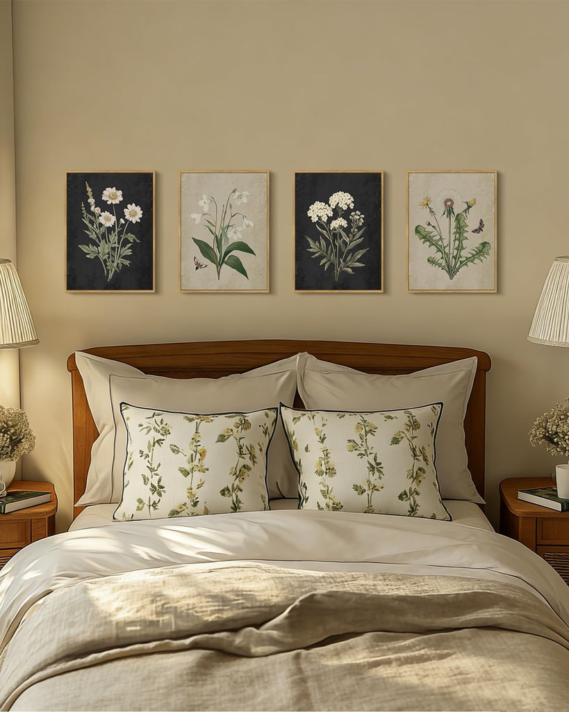 Vintage Botanical Boho Framed Wall Art Set of 4 Piece Antique Flower Prints Farmhouse Retro Plants Rustic Artwork