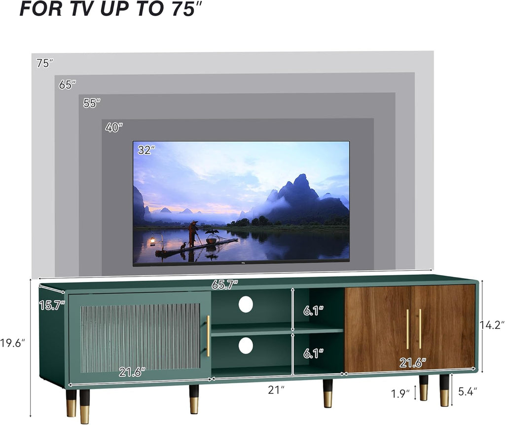 TV Stand with Glass Sliding Door, 66" Mid Century Modern TV Cabinet for TVs up to 75 inch, Entertainment Center with