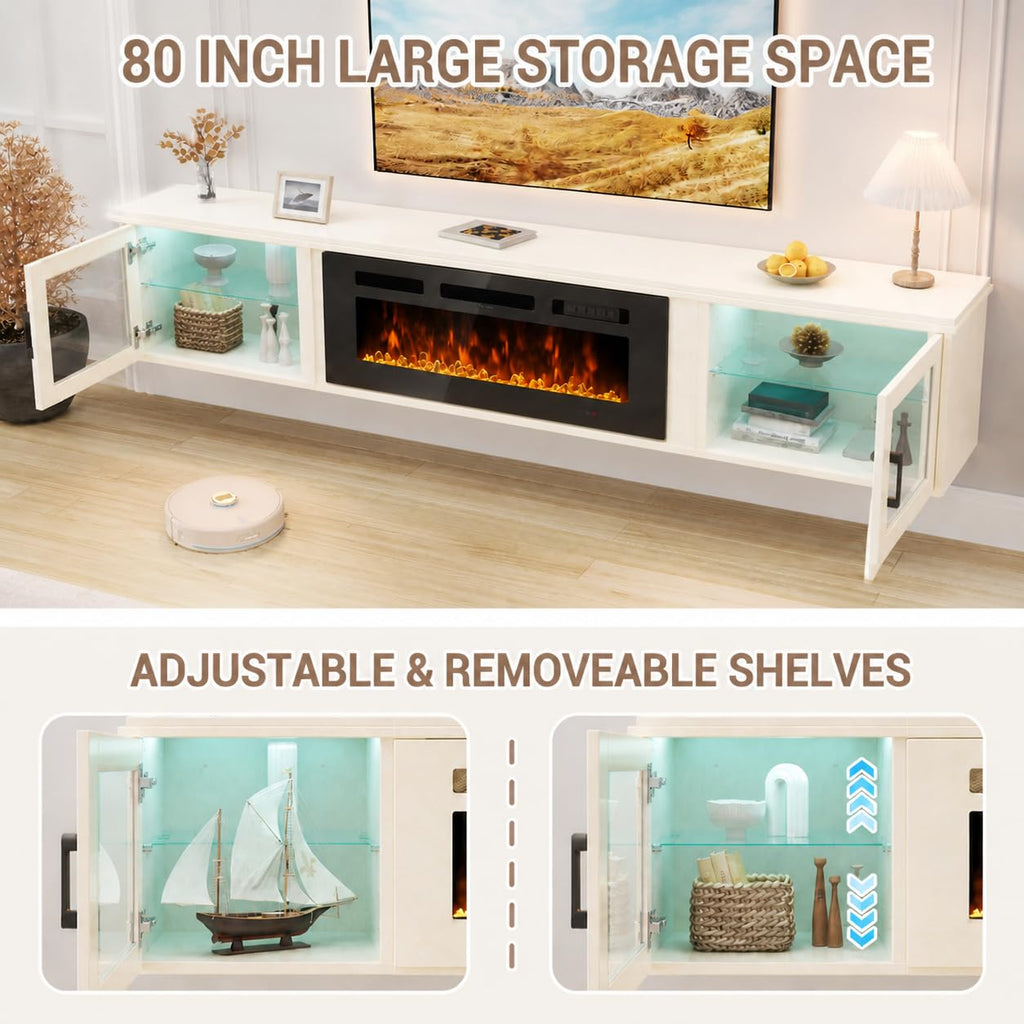80" Floating TV Stand with 36" Electric Fireplace, White & Black