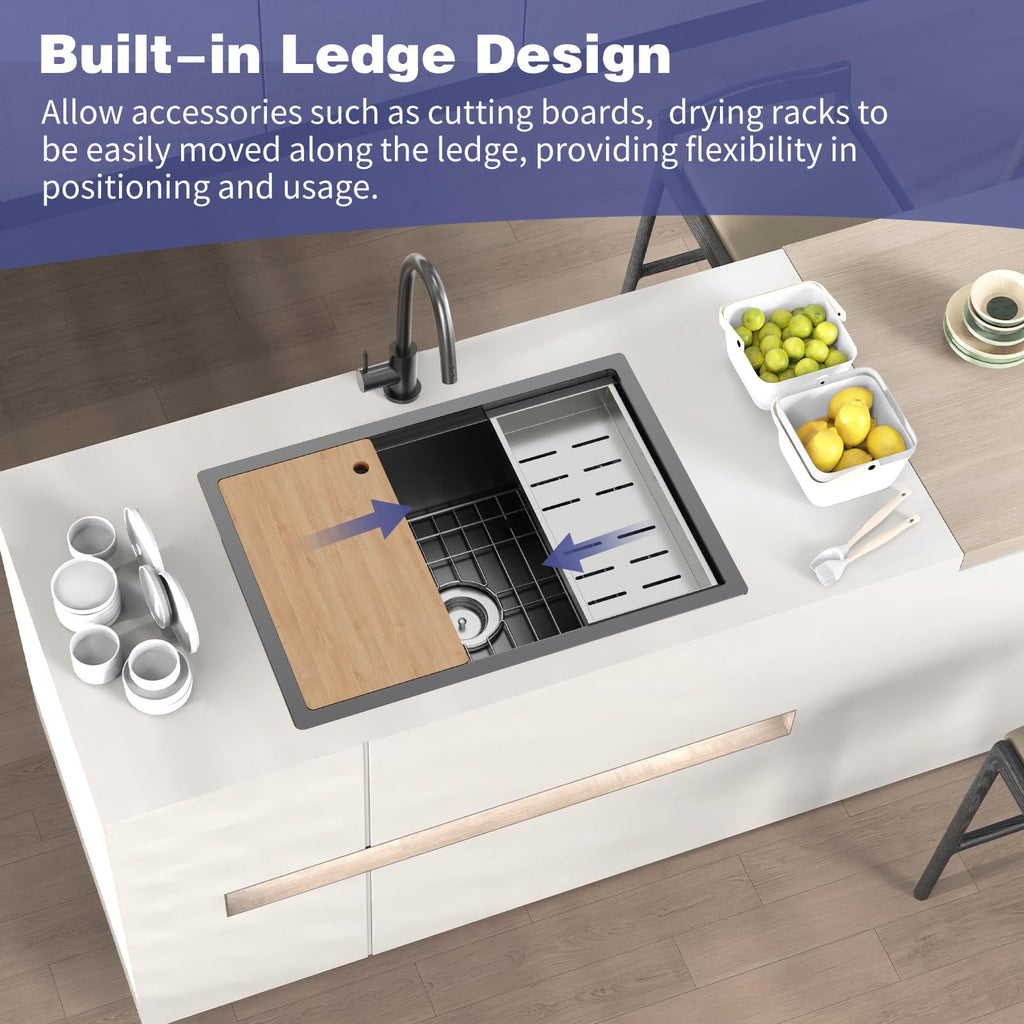 28x19 Black Stainless Steel Kitchen Sink Workstation, Undermount, Single Bowl