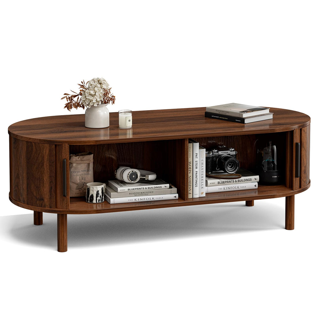 Oval Coffee Table with Sliding Doors, Mid-Century, Walnut
