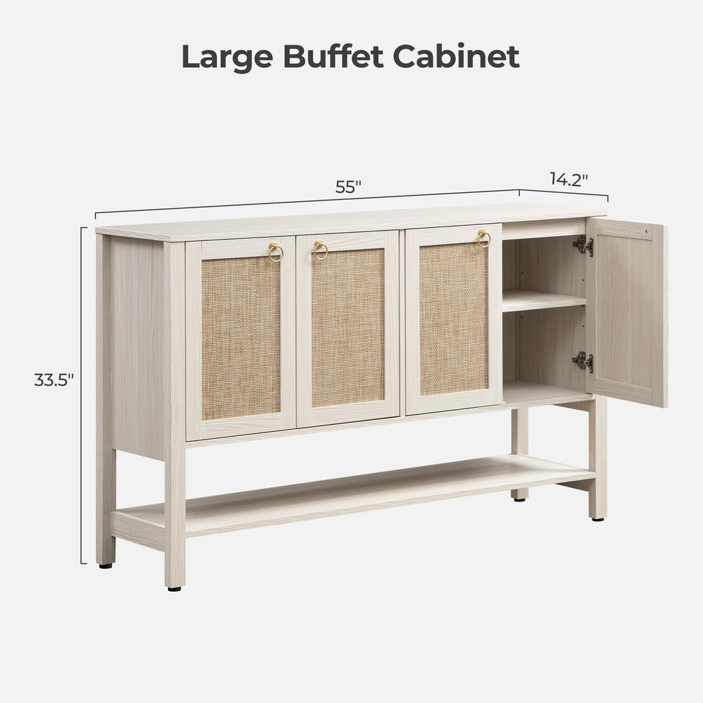 White Rattan 110" Long Sideboard Buffet Cabinet with Door, Credenza