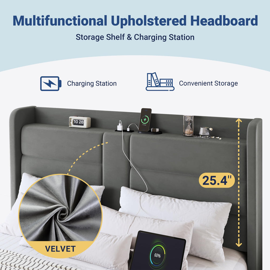 Queen Size Platform Bed Frame with Charging Station & Storage Headboard, Upholstered Velvet Wingback Design & USB