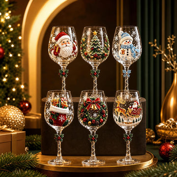 6PCS Hand Painted Christmas Wine Glass, Christmas Stemmed Wine Glass with Festive Holiday Design, Decorative Xmas
