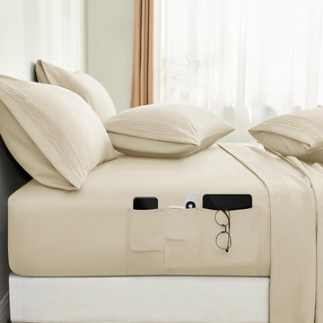6 Pieces Bed Sheets Set with Pockets on Side(Cream), Sweat-Wicking Breathable Sheets, 16-inch Super Soft Hotel