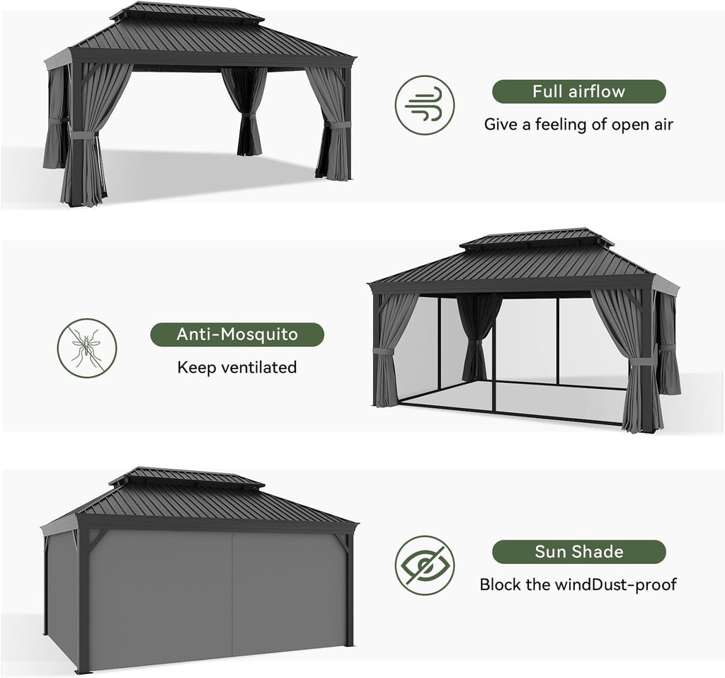 12' X 16' Permanent Hardtop Gazebo Aluminum Gazebo with Galvanized Steel Double Roof for Patio Lawn and Garden