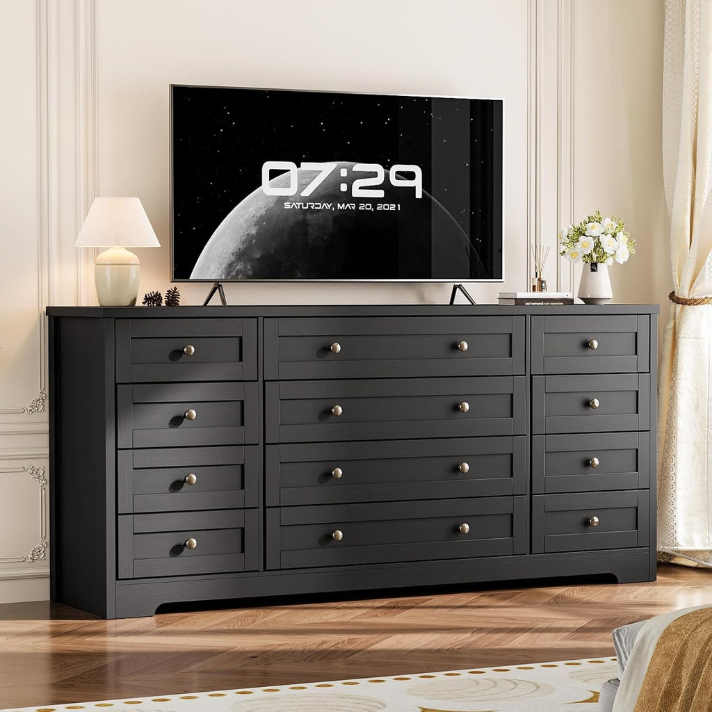 12 Drawer Wood Dresser - 63" Wide Chest of Drawers, Modern Storage Cabinet , Fits 65 Inch TV, Sturdy Wood
