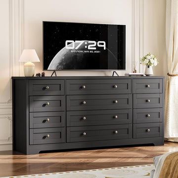 12 Drawer Wood Dresser - 63" Wide Chest of Drawers, Modern Storage Cabinet , Fits 65 Inch TV, Sturdy Wood