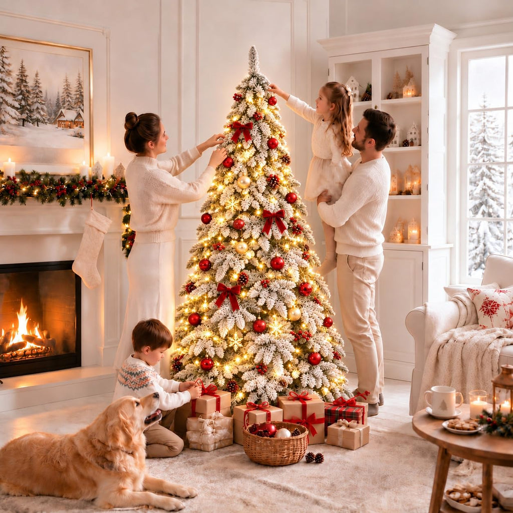 6FT Pre-Lit Flocked Artificial Christmas Tree with 300 LED Lights