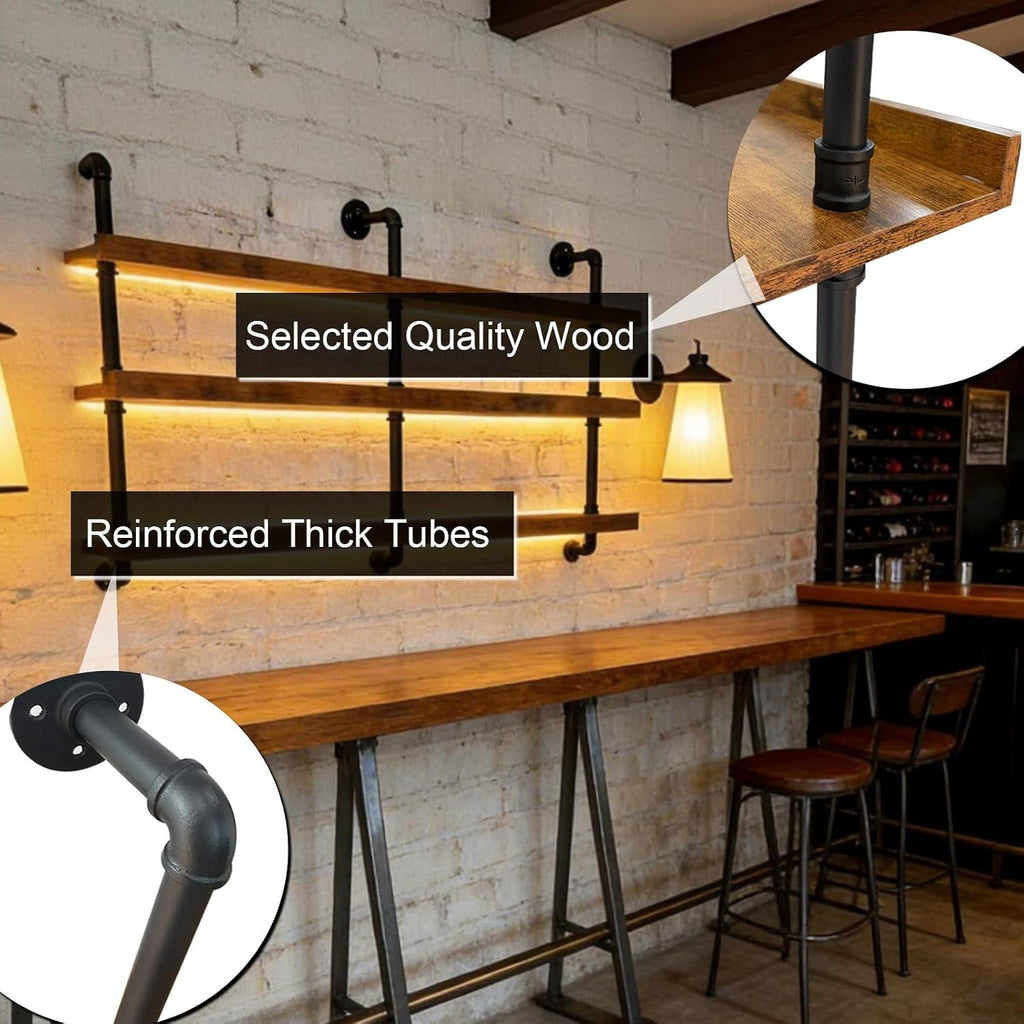 55" Wine Rack Wall Mounted with LED Lights, Industrial Pipe 3-Tier Floating Wine Shelf, Metal & Wood Wine Bottle and