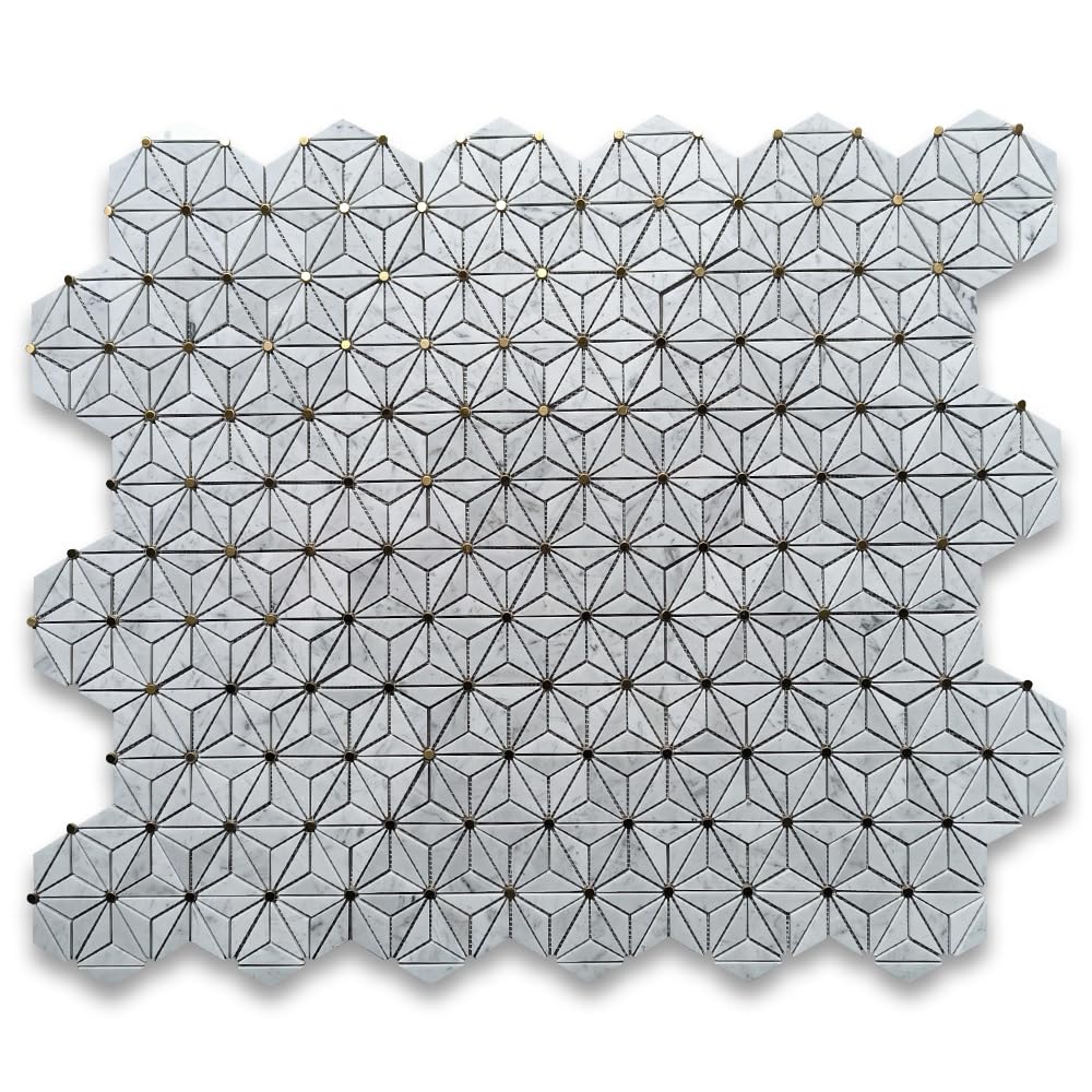 Carrara White Marble 1.5x2.5 Rhombus Triangle Geometric Mosaic Tile w/Round Brass Dots Polished Kitchen Bath Wall
