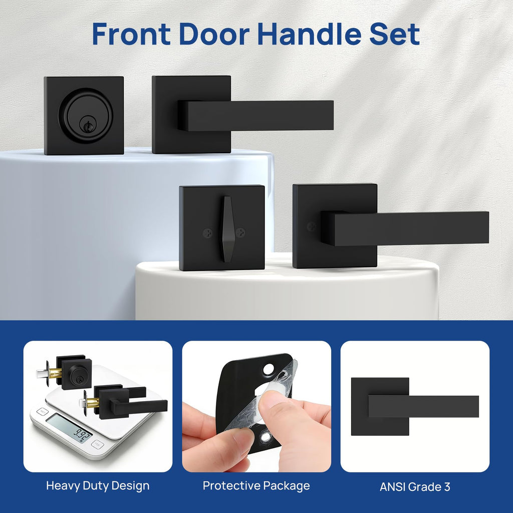 Front Door Lock Set Exterior Door Handle, Matte Black Door Handles with Single Cylinder Deadbolt Lock, Heavy Duty