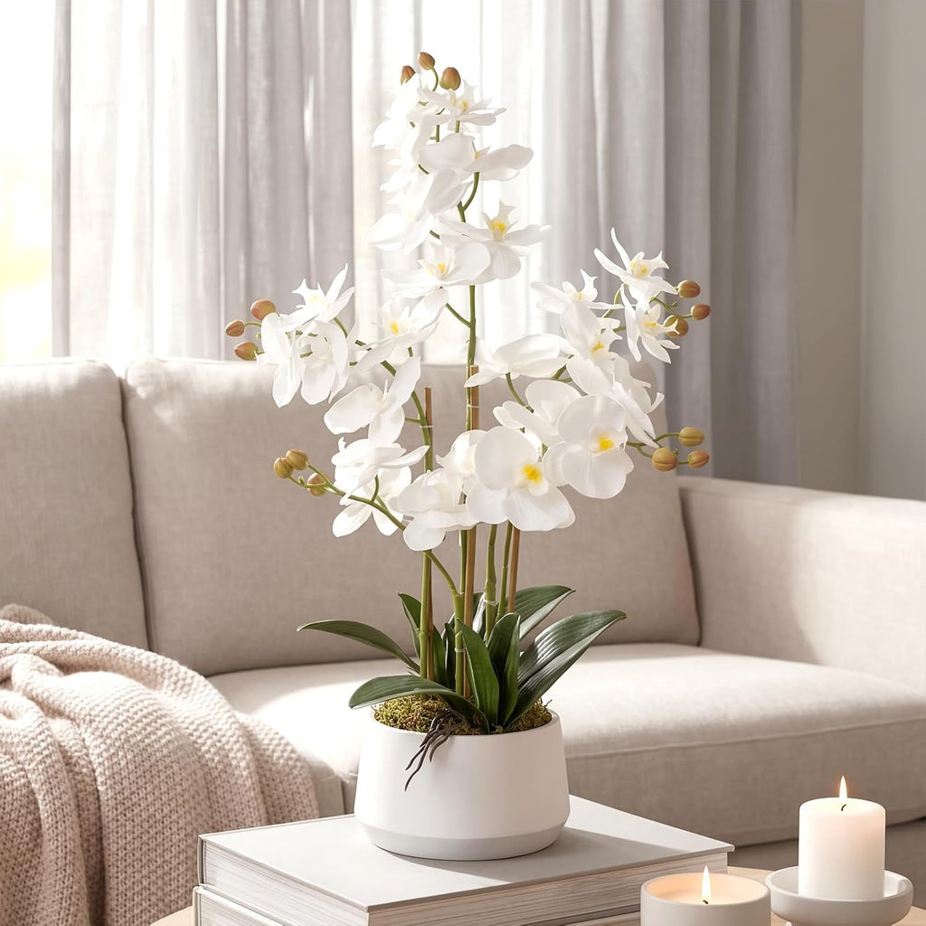 Artificial Orchid Flower Potted,1.5FT White Real Touch Orchid Artificial Flowers with 3 Stems Artificial Phalaenopsis