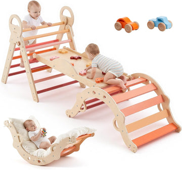 Triangle Set, in-1 Toddler Climbing Toys Indoor, with 2 Wooden Cars, Cushion, Triangle, Arch, and Ramp, 150 lbs