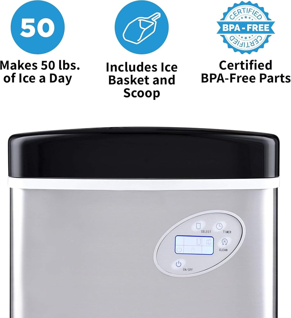 50 lb. Countertop Ice Maker | Portable Bullet Ice Machine | 12 Cubes in 7 Minutes, 3 Ice Sizes | Stainless Steel
