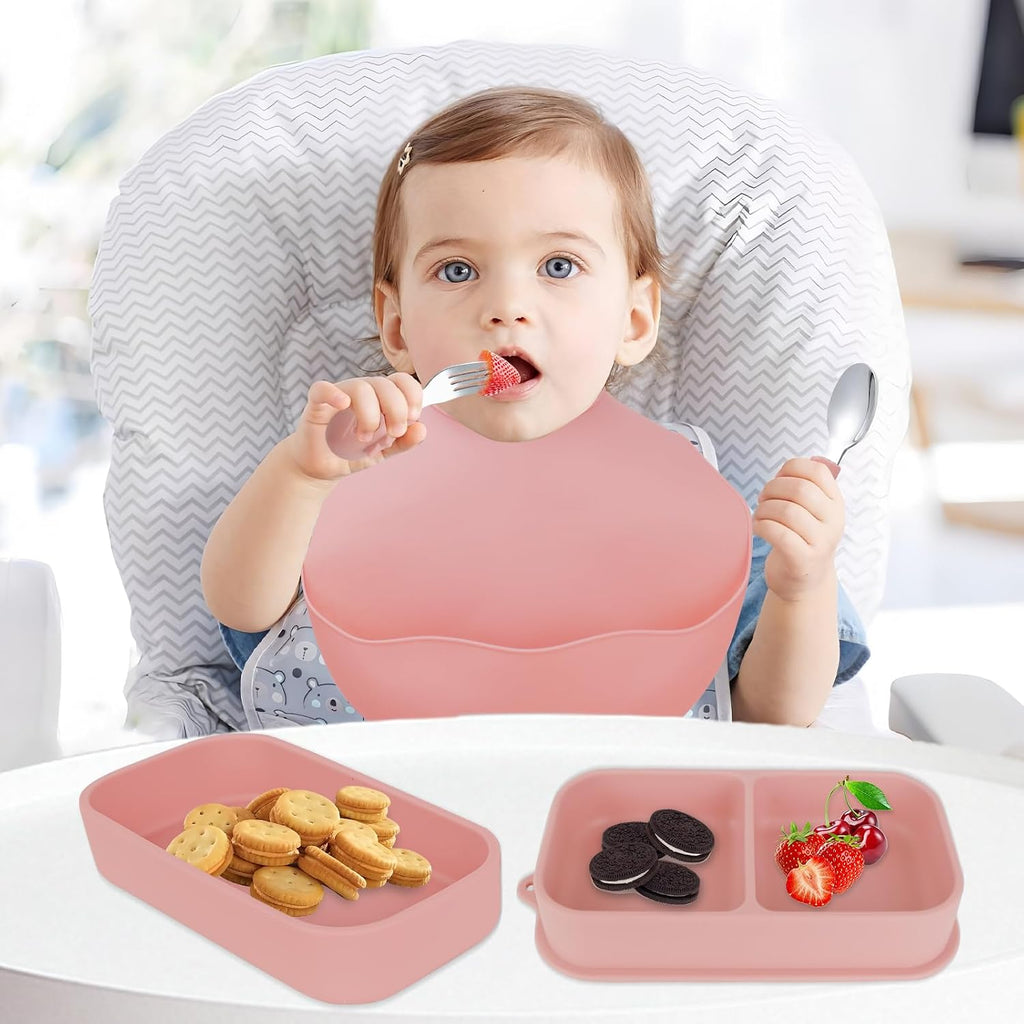 Travel Silicone Baby Feeding Set with 316 Stainless Steel Spoon & Fork,Silicone Suction Plates, Foldable Bib