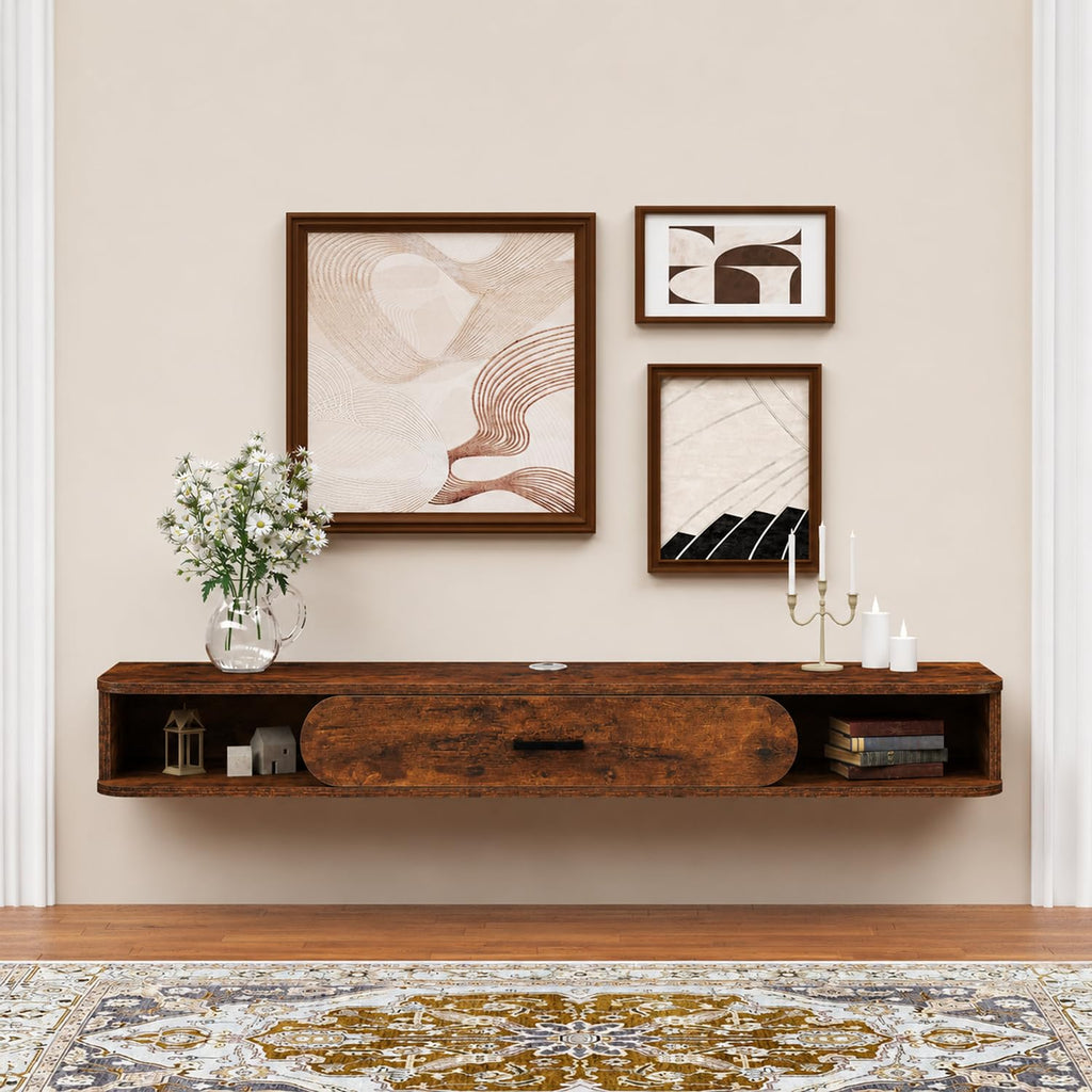 Floating TV Stand, 65'' Wall Mounted TV Cabinet, Floating Shelves with Door, Media Console for DVD Player