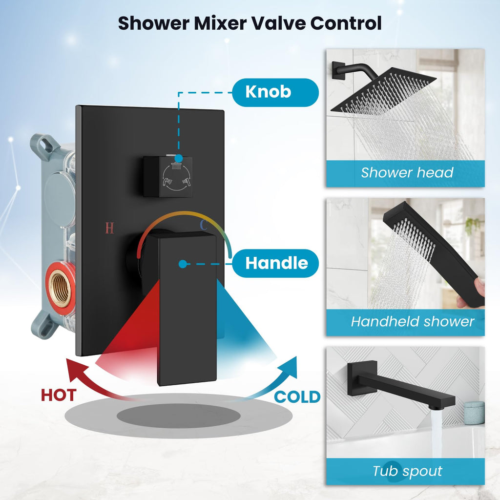 Bathtub Shower Faucet Set, 8 Inch Shower Head, Matte Black