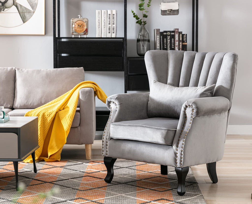 Grey Accent Chair Velvet Wingback Chair with Pillow Nail-Head Channel Tufted Oversized Club Chair Bedroom Guest Room