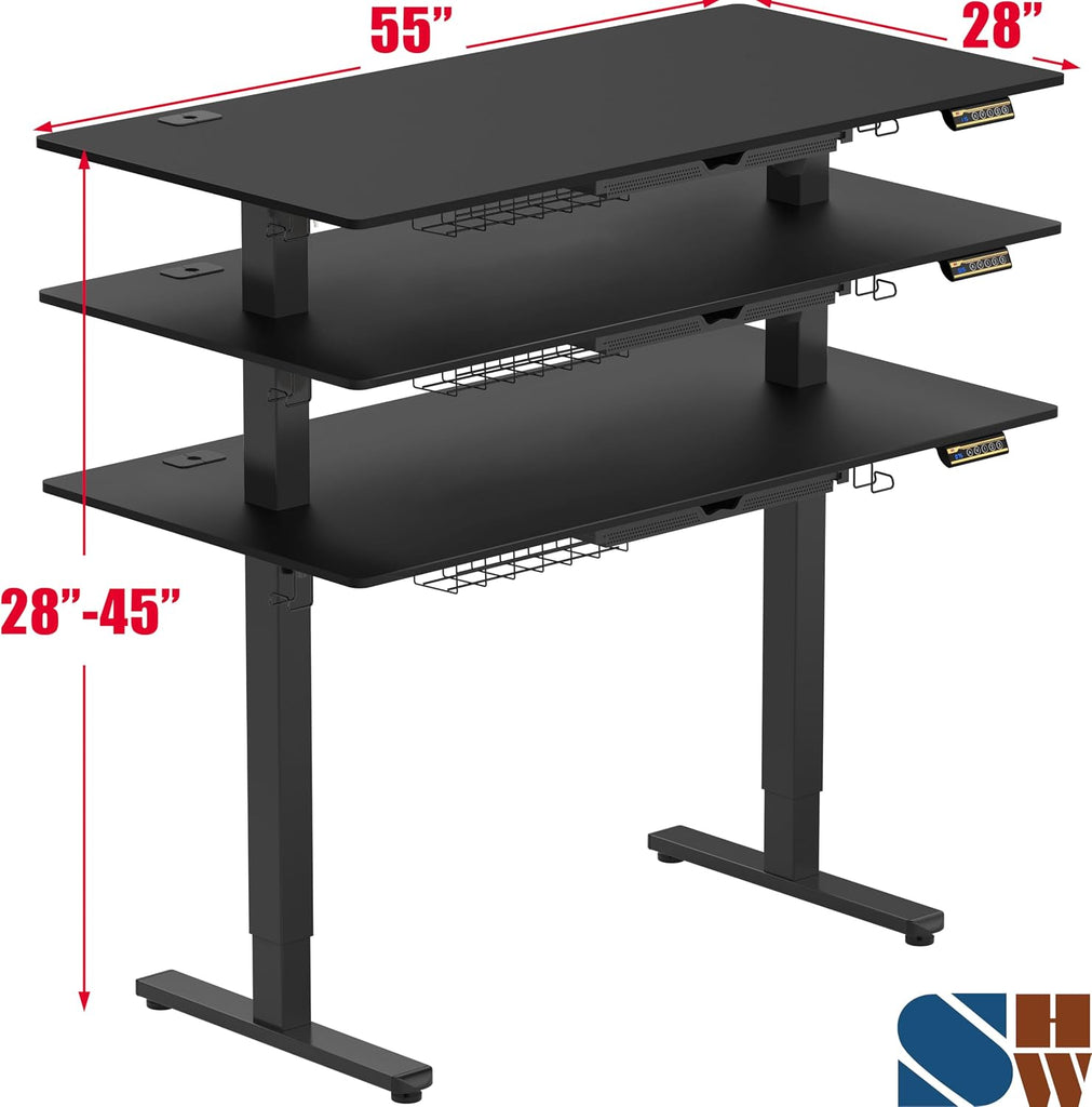 55 x 28 Electric Height Adjustable Standing Desk w/Drawer, Black | w/ Memory Presets and Cable Management | Drawer