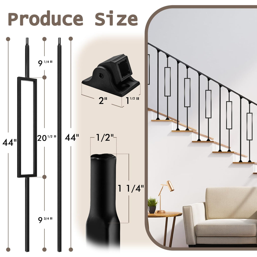 16 Pcs Wrought Iron Balusters for Staircase, 1/2" x 44" Rectangular Hollow Iron Spindles Deck Balusters with 32 Fixed
