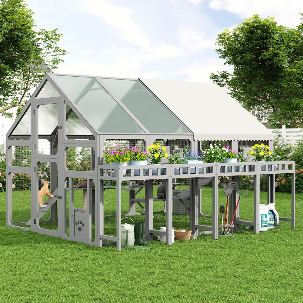 Extra Large Catio Outdoor Cat Enclosure, Freestanding Walk-in Wooden Cat House with Planter Stand, Hanging Bridge
