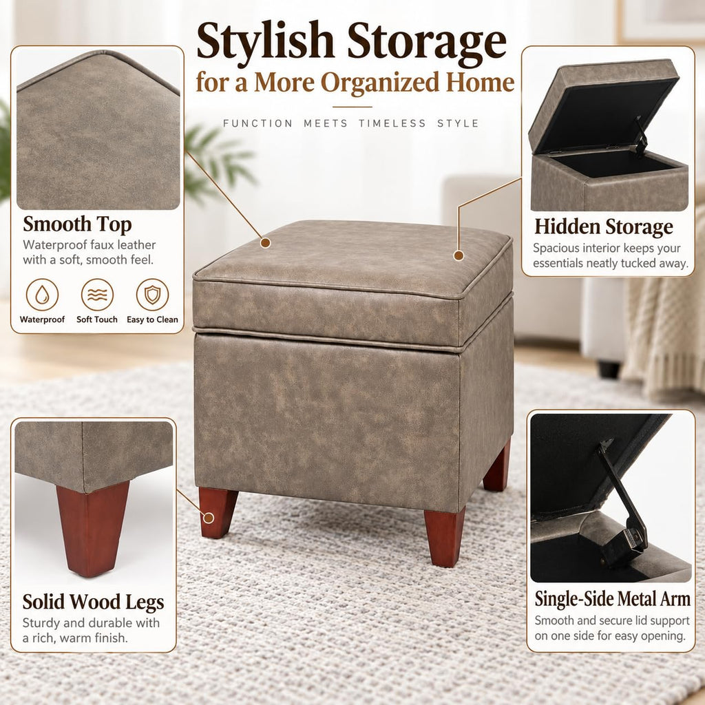 17.5" Square Storage Ottoman, Faux Leather Flip Top Footstool & Coffee Table, Upholstered Foot Rest with Wood Legs