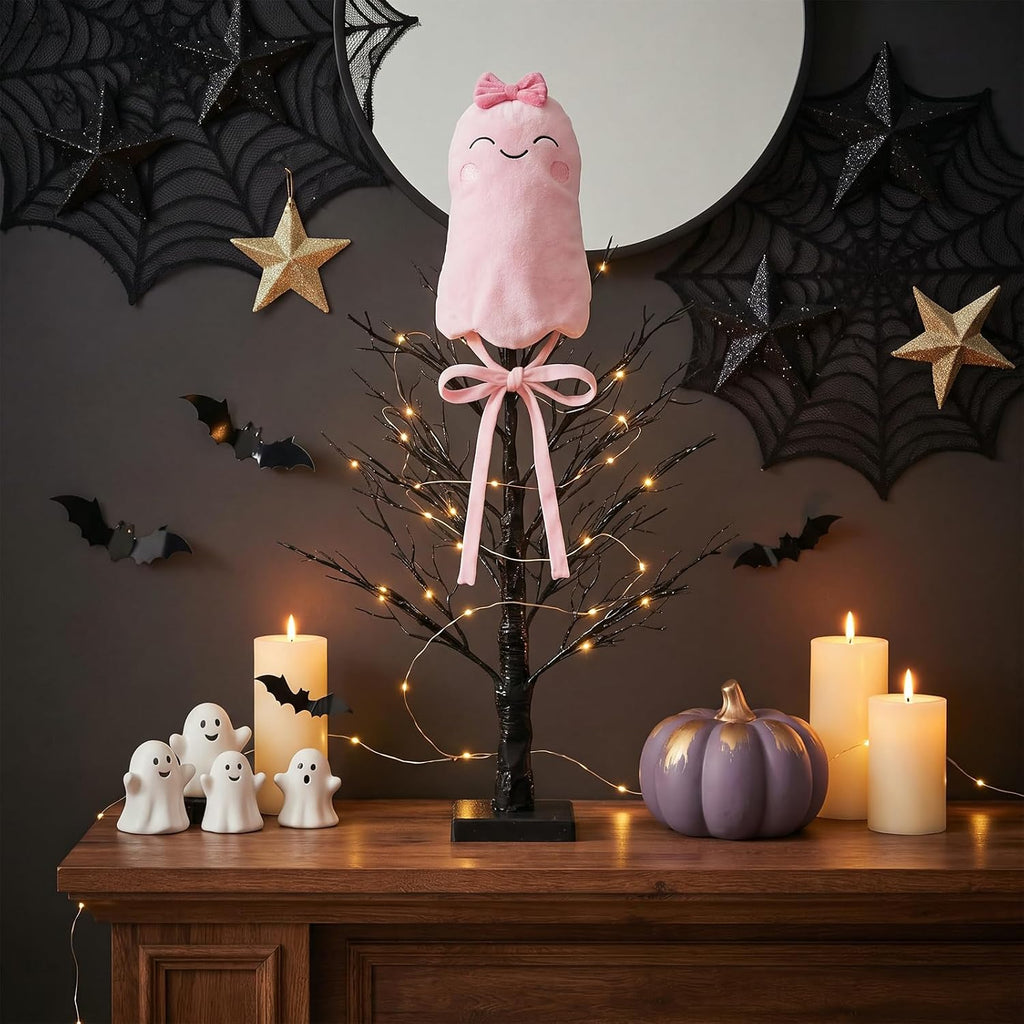 Halloween Pink Ghost Tree Topper Decor 10'' Velvet Smile Ghost
