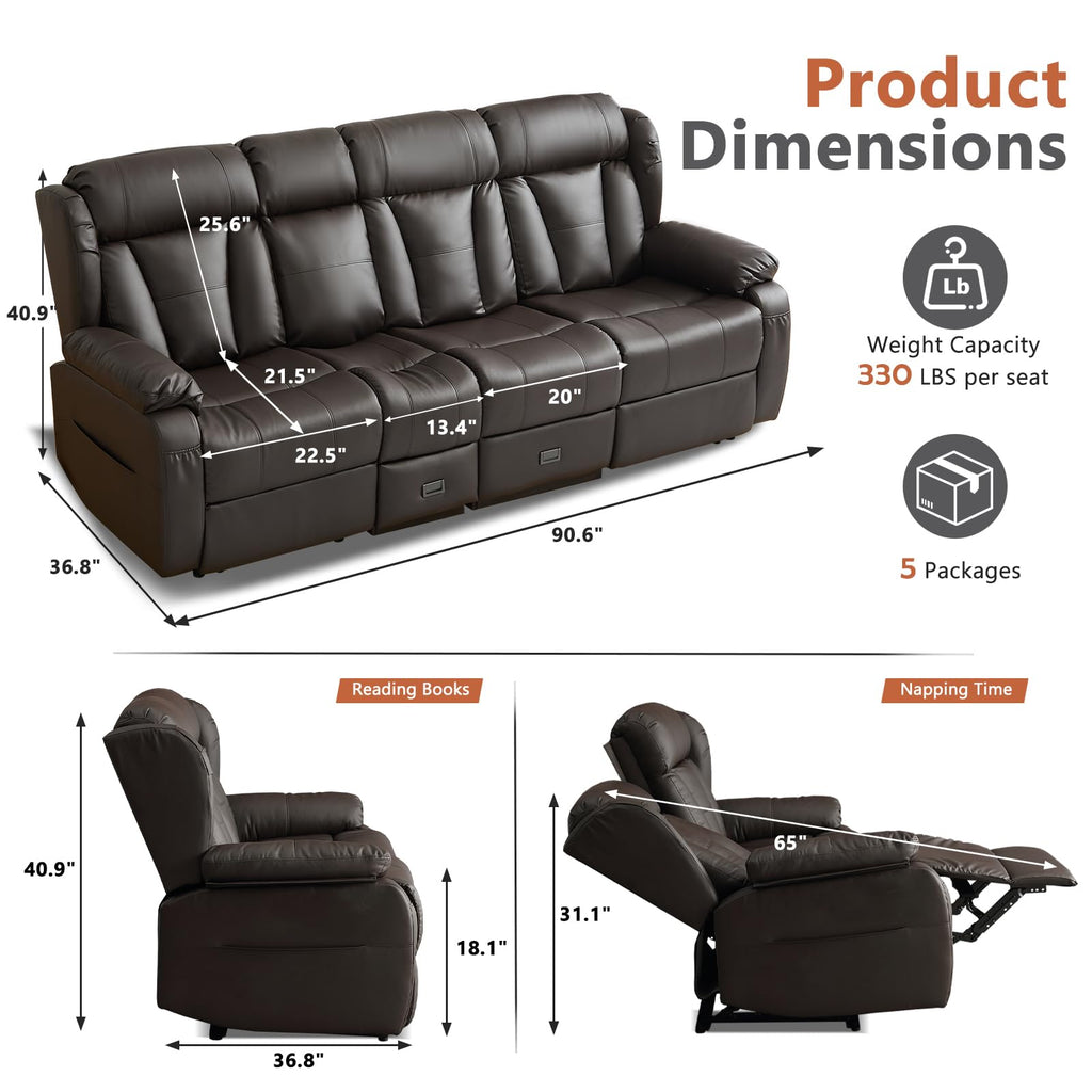 3-Seat Manual Reclining Sofa with Console, Faux Leather, Dark Brown