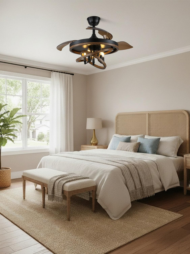 42" Retractable Chandelier Ceiling Fan with Light Rustic Farmhouse Ceiling Fan