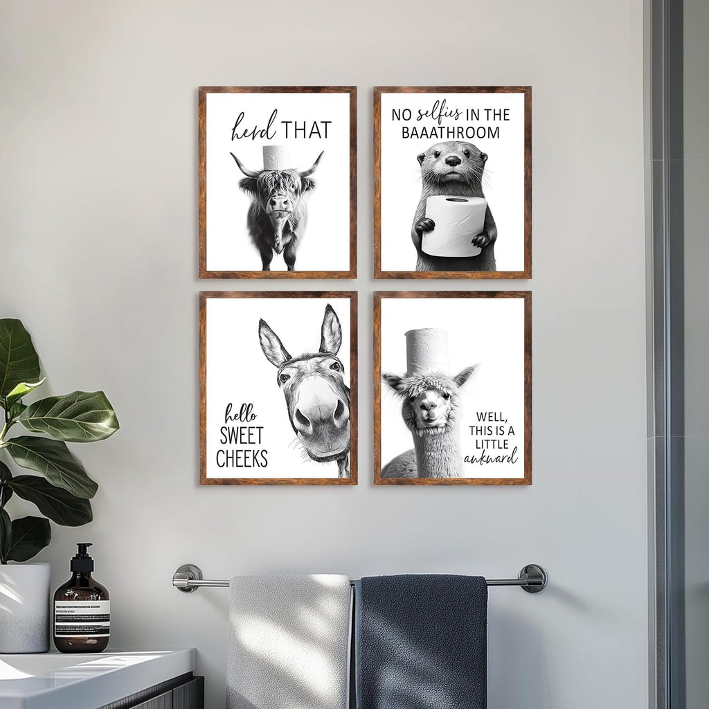 Funny Bathroom Wall Art Black and White Bathroom Signs Decor Rustic Donkey Cow Pictures Wall Decor Funny Animals Head