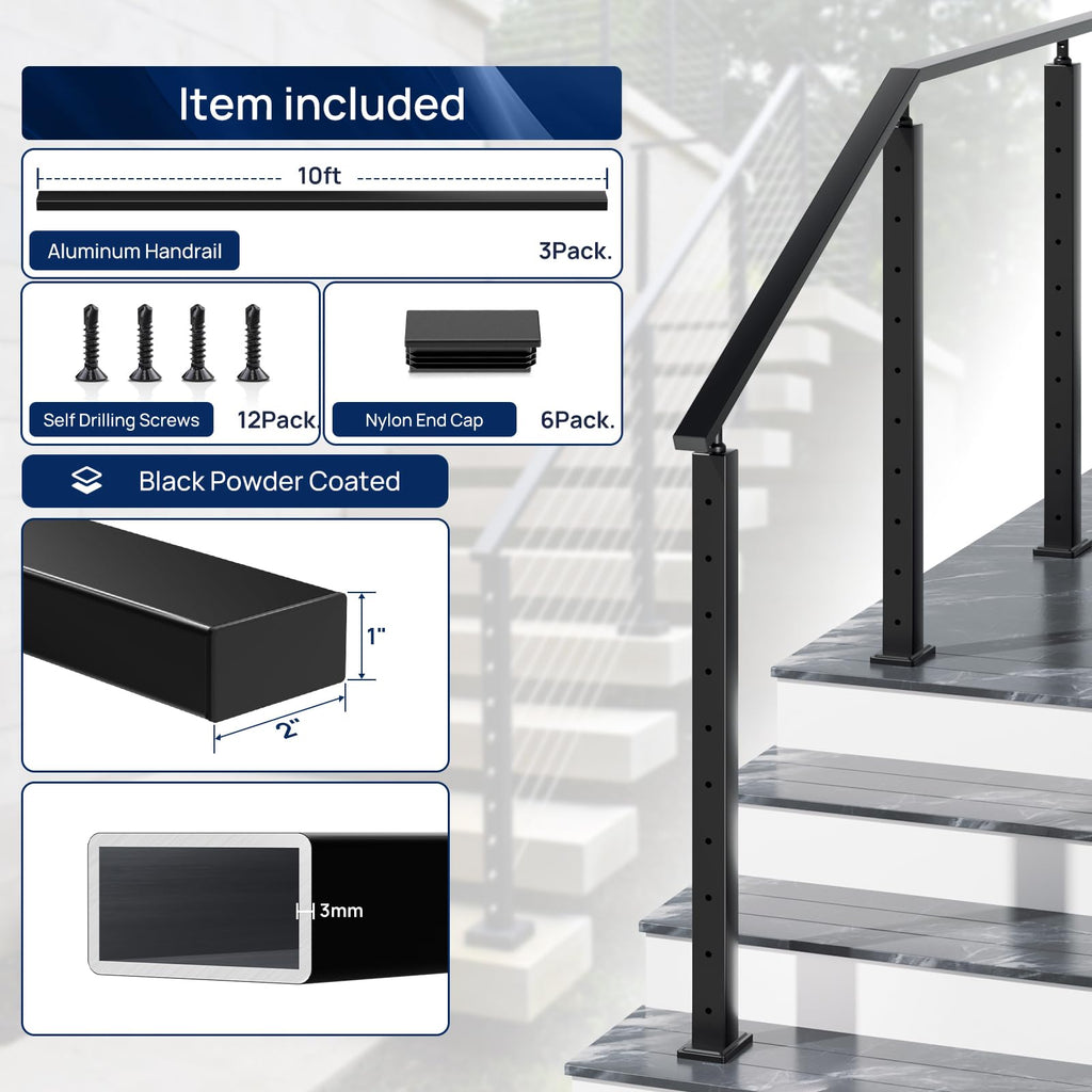 10FTx 2"x1" Aluminum Black Handrail with Self Drilling Screw Nylon End Caps